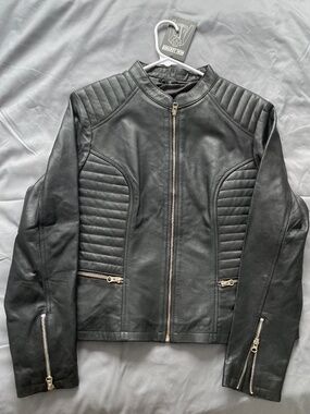 NWT Genuine Real Leather Moto Biker Jacket Quilted Detail XL
